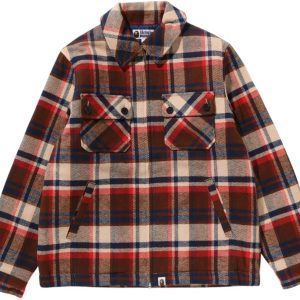 BAPE Check CPO Zip Jacket Red | Fragment Clothing Streetwear