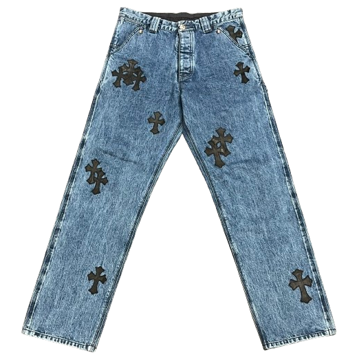 Chrome Hearts Black Leather Cross Patch Cargo Jeans Light Blue (1) Chrome Hearts Black Leather Cross Patch Cargo Jeans Light Blue (1) | Fragment Clothing