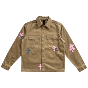 Chrome Hearts Tan Pink Checkered Cross Patch Work Dog Jacket | Fragment Clothing Streetwear