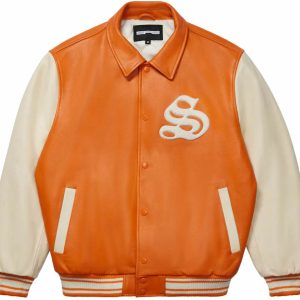 Sp5der Leather Varsity Jacket Orange