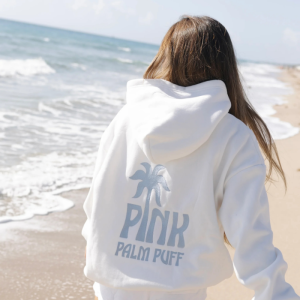 Pink Palm Puff Oversized Hoodie – White
