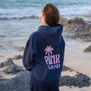 Pink Palm Puff Oversized Pullover Hoodie – Navy | Fragment Clothing Streetwear - View 2
