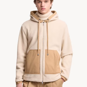Moncler Beige Teddy Zip-Up Hoodie | Fragment Clothing - View 2