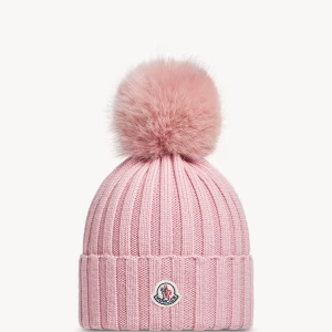Moncler Pink Wool Beanie with Faux Fur Pom Pom | Fragment Clothing