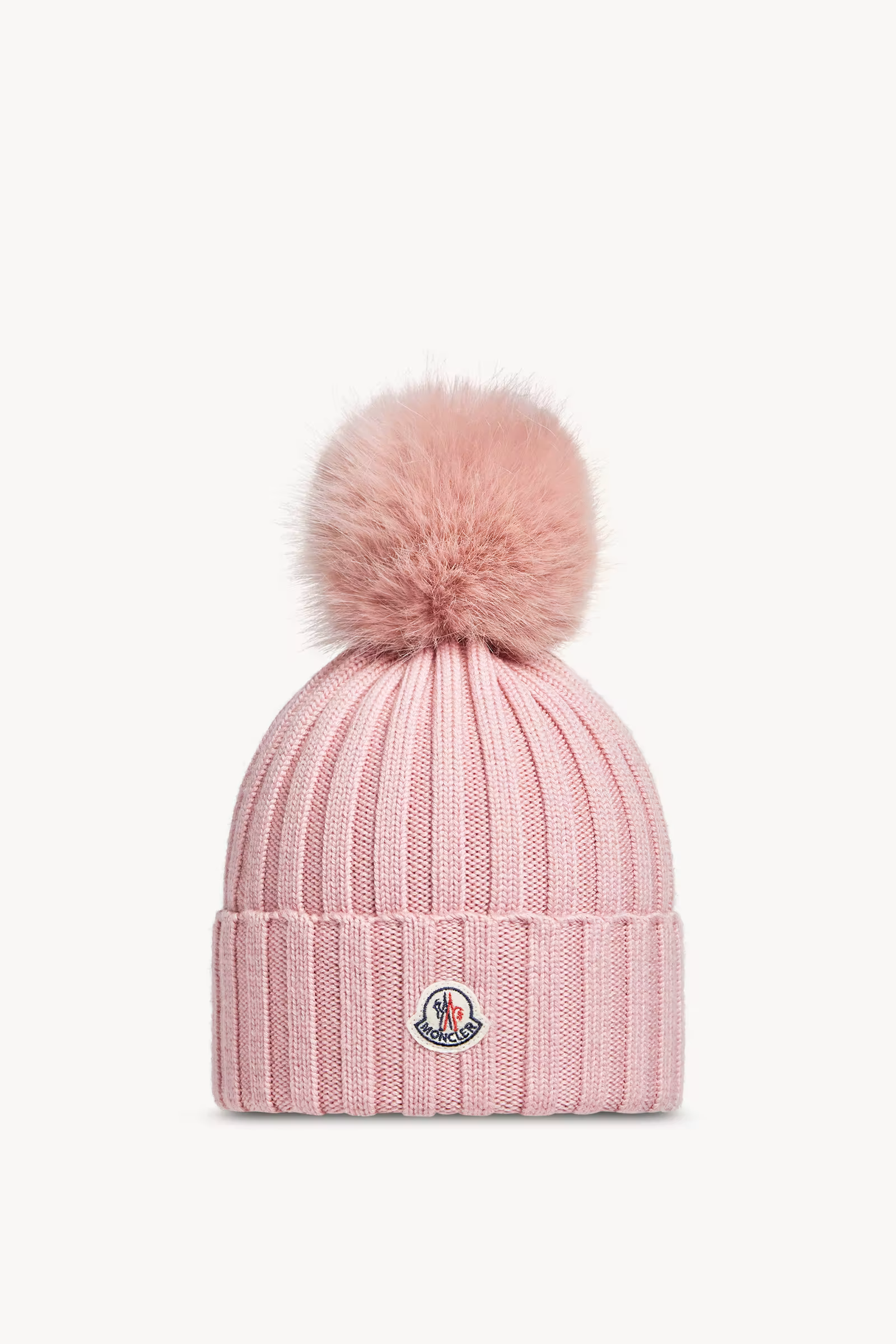 Moncler Pink Wool Beanie with Faux Fur Pom Pom Moncler Pink Wool Beanie with Faux Fur Pom Pom | Fragment Clothing