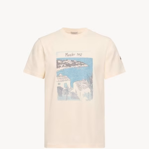 Moncler Seaside Print Ivory Cotton T-Shirt | Fragment Clothing