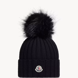 Wool Black Beanie with Faux Fur Pom Pom | Fragment Clothing