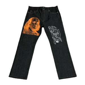 Black Denim & Orange SDL Jeans – Baggy Streetwear Denim Pants | Fragment Clothing - View 2