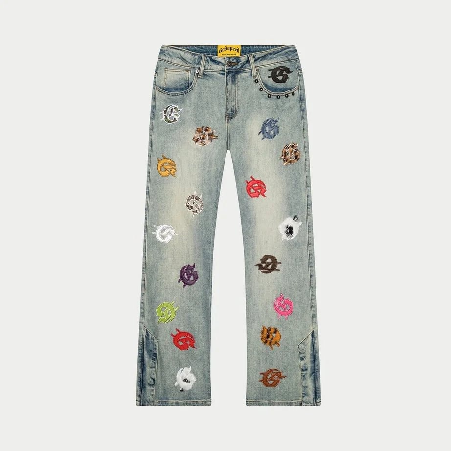 Godspeed Allover Logo Embroidered Light Wash Denim Jeans (1) AUTO-DRAFT | Fragment Clothing