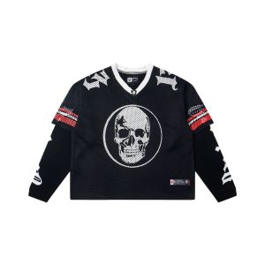 Godspeed Skull Mesh Layered Long Sleeve Jersey – Black Red Stripe Edition | Fragment Clothing