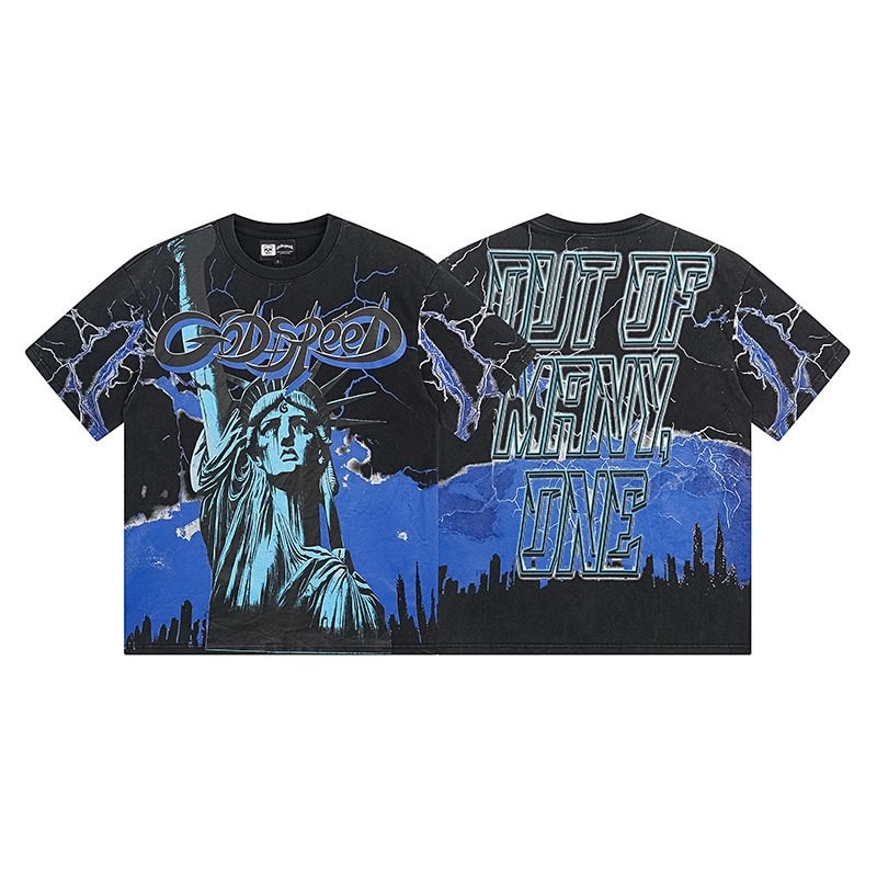 Godspeed Statue Lightning Vintage T-Shirt – Washed Black Blue AUTO-DRAFT | Fragment Clothing