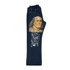 Navy & Tan Skeleton SDL Jeans – Baggy Streetwear Graphic Denim Pants
