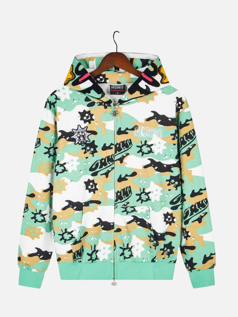 Glo Gang All-Over Camo Graphic Full-Zip Hoodie – Mint Green Glo Gang All-Over Camo Graphic Full-Zip Hoodie – Mint Green | Fragment Clothing