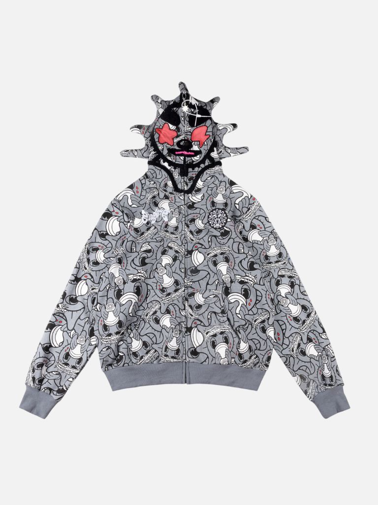 Glo Gang All-Over Sun Mascot Masked Full-Zip Hoodie – Grey Glo Gang All-Over Sun Mascot Masked Full-Zip Hoodie – Grey | Fragment Clothing
