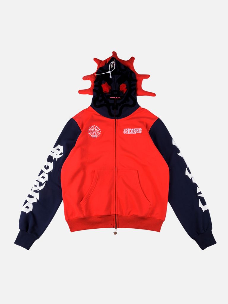 Glo Gang Two-Tone Sun Mascot Masked Full-Zip Hoodie – Red & Black Glo Gang Two-Tone Sun Mascot Masked Full-Zip Hoodie – Red & Black | Fragment Clothing