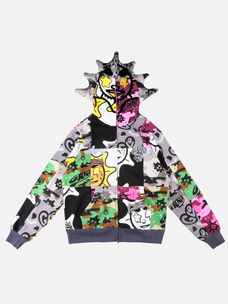 Glo Gang Spiky Hood Patchwork Graphic Full-Zip Hoodie Glo Gang Spiky Hood Patchwork Graphic Full-Zip Hoodie | Fragment Clothing