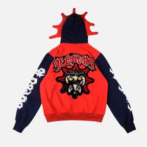 Glo Gang Two-Tone Sun Mascot Masked Full-Zip Hoodie – Red & Black | Fragment Clothing - View 2