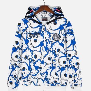 Glo Gang All-Over Bear Graphic Full-Zip Hoodie – White & Blue | Fragment Clothing