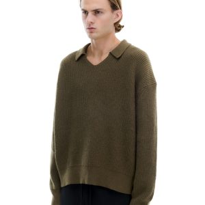 Cole Buxton Khaaki Open Neck Knit Polo (1) | Fragment Clothing