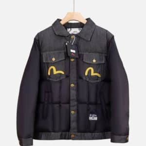 EVISU Yellow Seagull Embroidered Padded Jacket - Black | Fragment Clothing