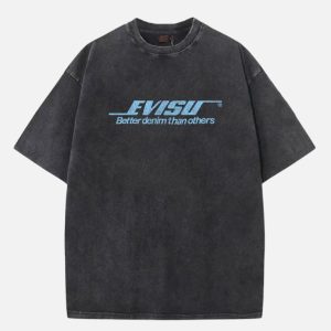 EVISU Blue Logo Slogan Graphic Print T Shirt - Washed Black | Fragment Clothing