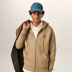 Beige zipped cotton hoodie with Ami de Coeur White | Fragment Clothing - View 2