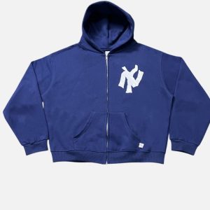 Akimbo Navy Blue Full-Zip Appliqué Logo Hoodie | Fragment Clothing