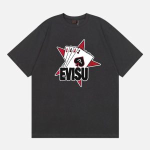 EVISU Playing Cards Star Graphic T-Shirt - Washed Black | Fragment Clothing