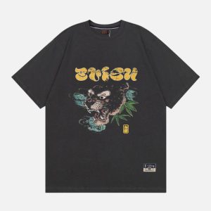 EVISU Oriental Panther Print Crewneck Tee - Charcoal | Fragment Clothing