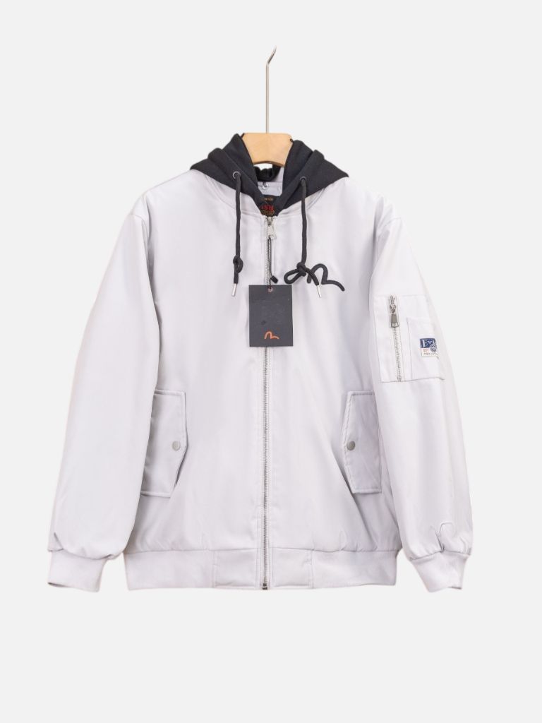 EVISU Light Grey Zip Up Bomber Jacket Black Hood EVISU Light Grey Zip Up Bomber Jacket Black Hood | Fragment Clothing
