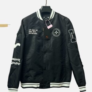 EVISU KURO Embroidered Snap Front Varsity Jacket - Black | Fragment Clothing