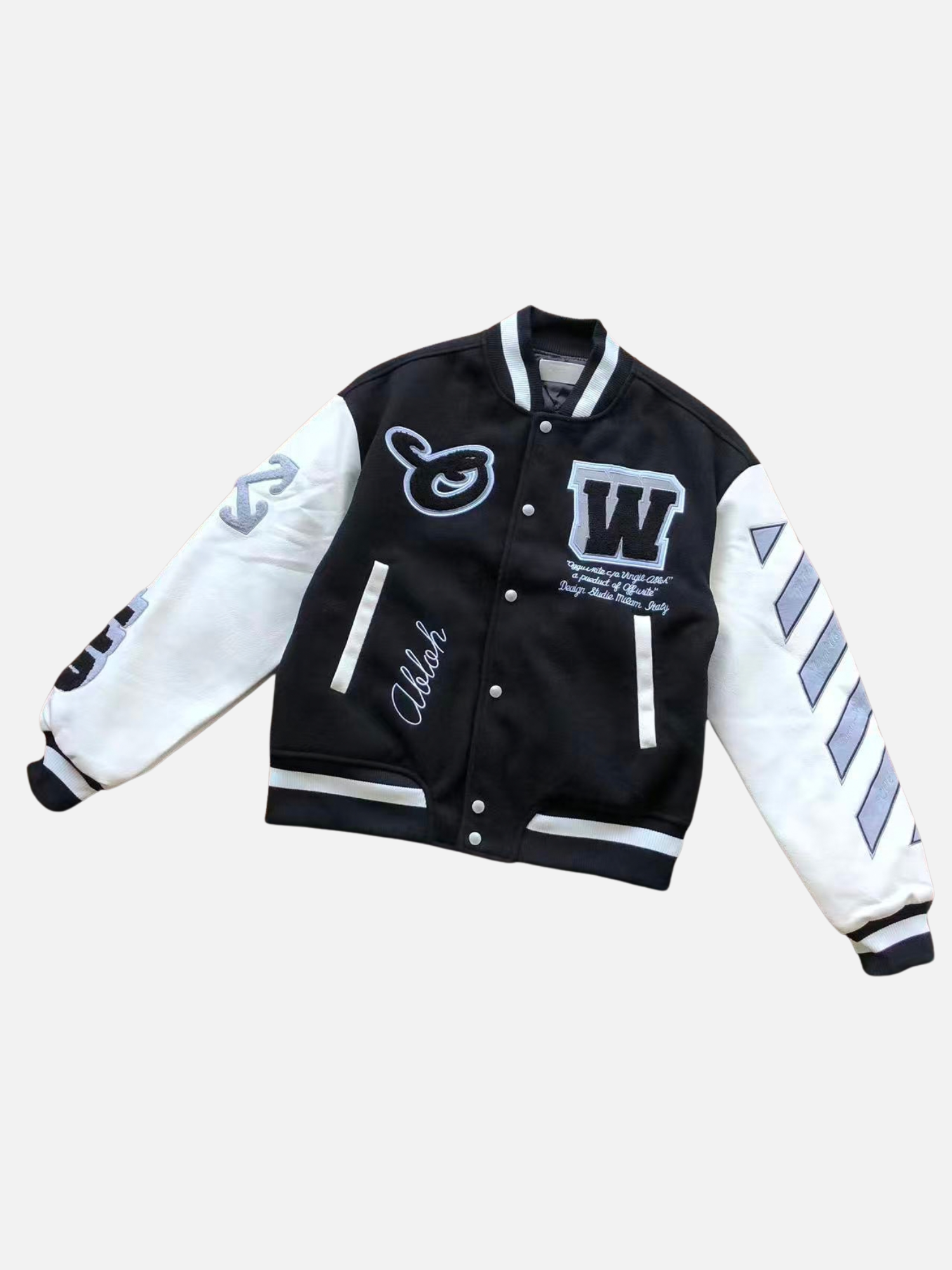 OFF-WHITE Leather Wool Varsity Jacket Black AUTO-DRAFT | Fragment Clothing