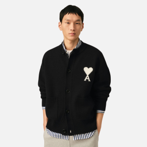 Black Crewneck Wool Cardigan With Ami de Coeur | Fragment Clothing