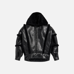 Men's High Collar Leather Jacket With Shearling Details And Lining in Black | Fragment Clothing