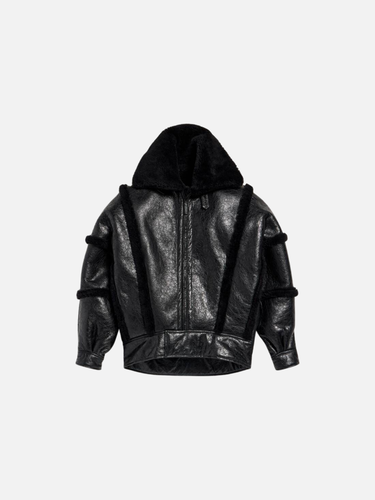 Men's High Collar Leather Jacket With Shearling Details And Lining in Black Men's High Collar Leather Jacket With Shearling Details And Lining in Black | Fragment Clothing