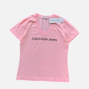 Calvin Klein Jeans Chest Logo Printed V-Neck Tee – Pink | Fragment Clothing