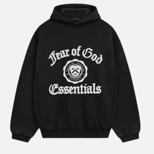 Fear of God Essentials Collegiate Gothic Logo Hoodie Black | Fragment Clothing Streetwear