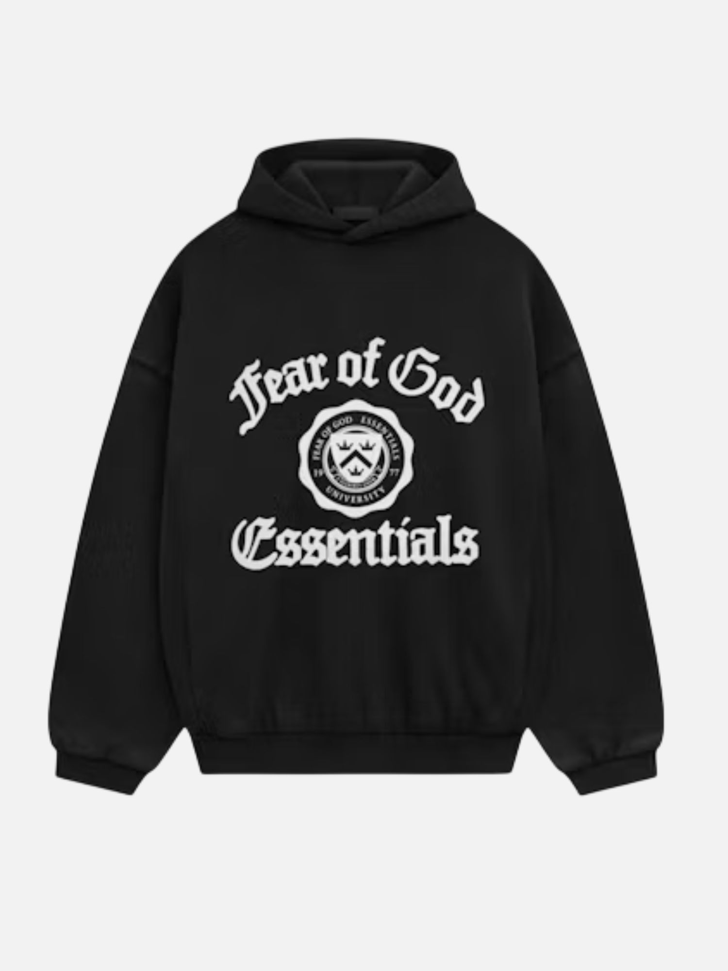 Fear of God Essentials Collegiate Gothic Logo Hoodie Black Fear of God Essentials Collegiate Gothic Logo Hoodie Black | Fragment Clothing Streetwear